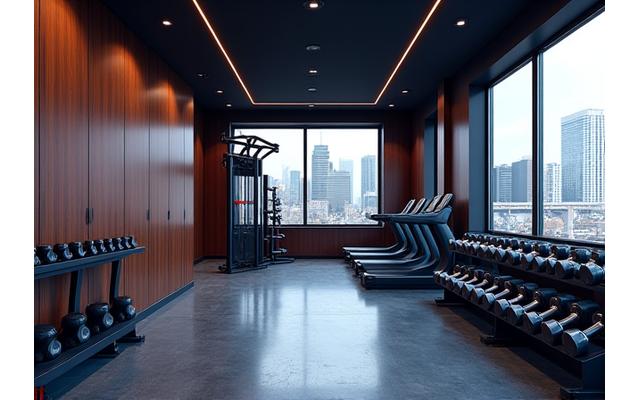 Luxury home gym with premium wood and metal finishes